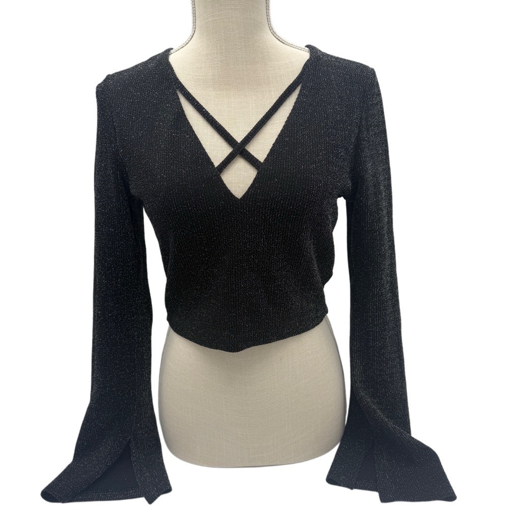 Whimsigoth Fairy Black Bell Sleeve Sparkle Top Size Medium